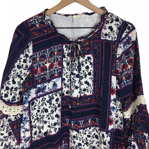 ENTRO Dress Patchwork Bell Sleeve Boho Prairie Peasant Hippie Gypsy Tunic Large - Picture 2 of 16